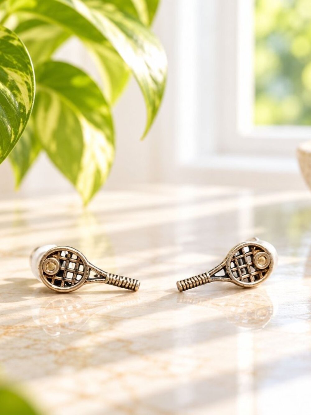 Miniature Tennis Racket Stud Earrings Gold-Tone With Pearl Accents Vintage Jewel